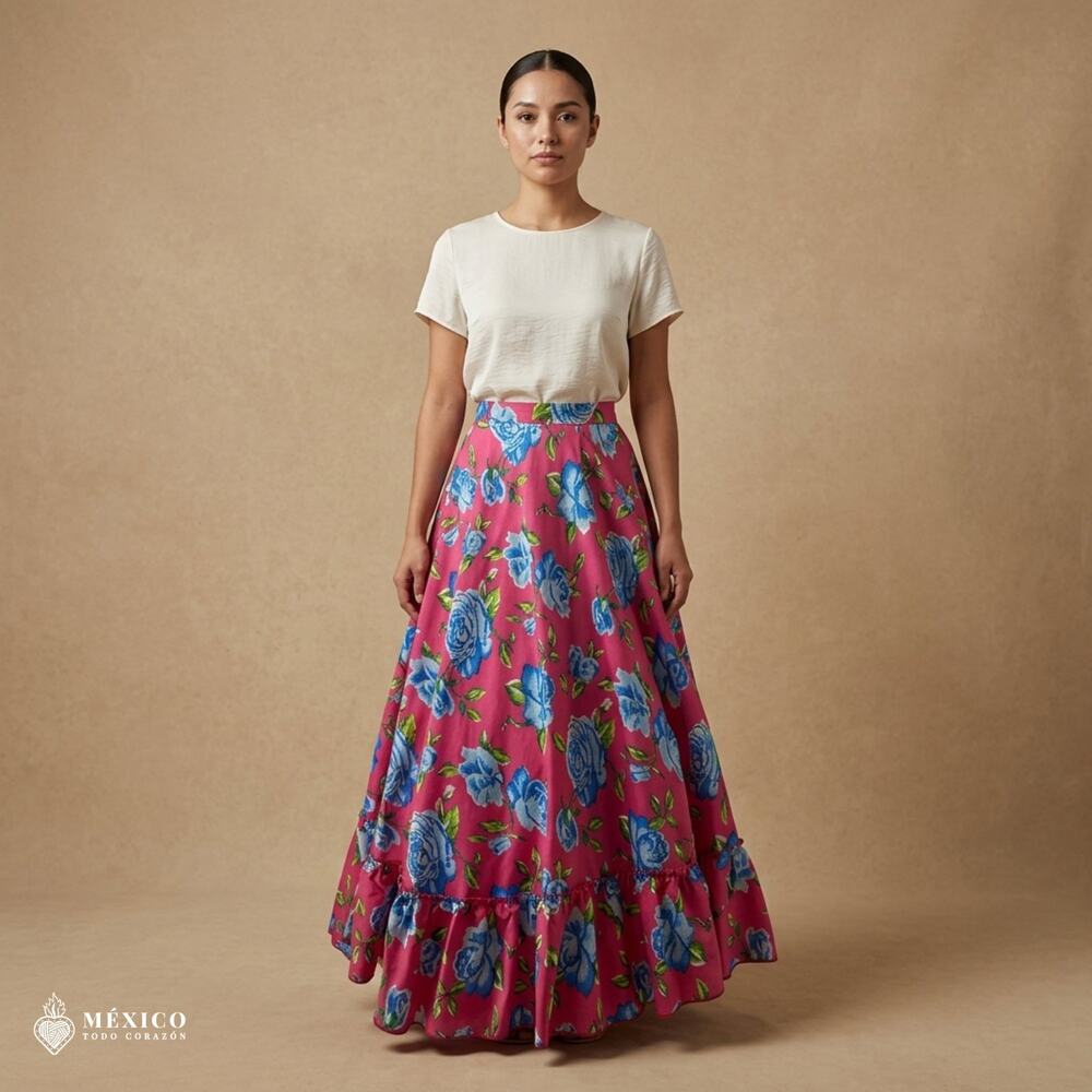Pink Mexican Floral Skirt – Traditional Folkloric Adjustable Waist Skirt
